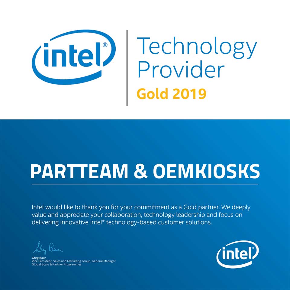 PARTTEAM & OEMKIOSKS recebe certificado INTEL - Technology Provider Gold 2019